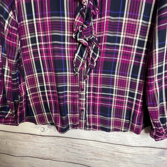 Chico's Women's Plaid  Flannel Top Size 4‎ (20/22) Ruffled Velvet Trim Collar - Picture 3 of 16